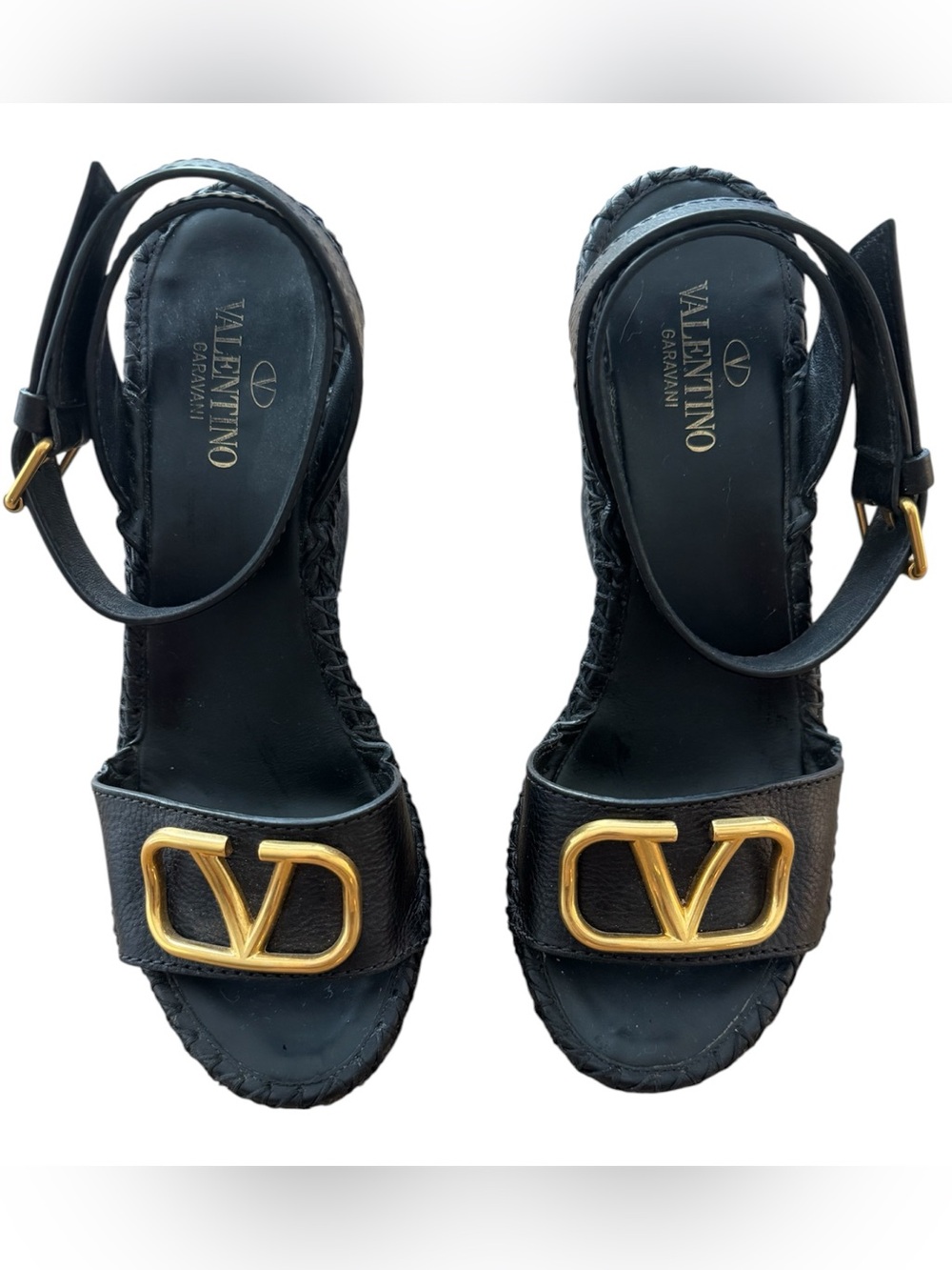 Valentino Garavani Black Leather Sandals with Gold V Hardware